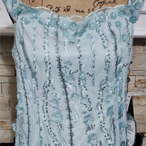 Adrianna‎ Papell Embroidered Off Shoulder Tailored Dress, Sea Glass size 16P new - Picture 9 of 13